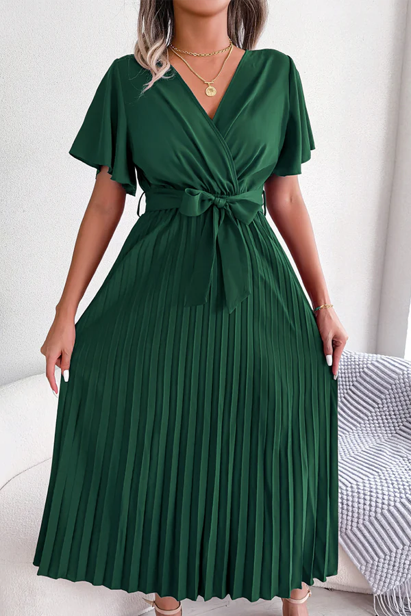 Casual solid color pleated V-neck high waisted skirt for evening dress