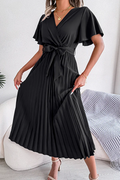 Black Chiffon A-Line Tea-Length Dress with V-Neck Wrap Bodice