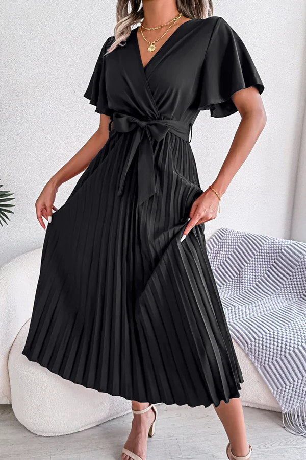 Black Chiffon A-Line Tea-Length Dress with V-Neck Wrap Bodice