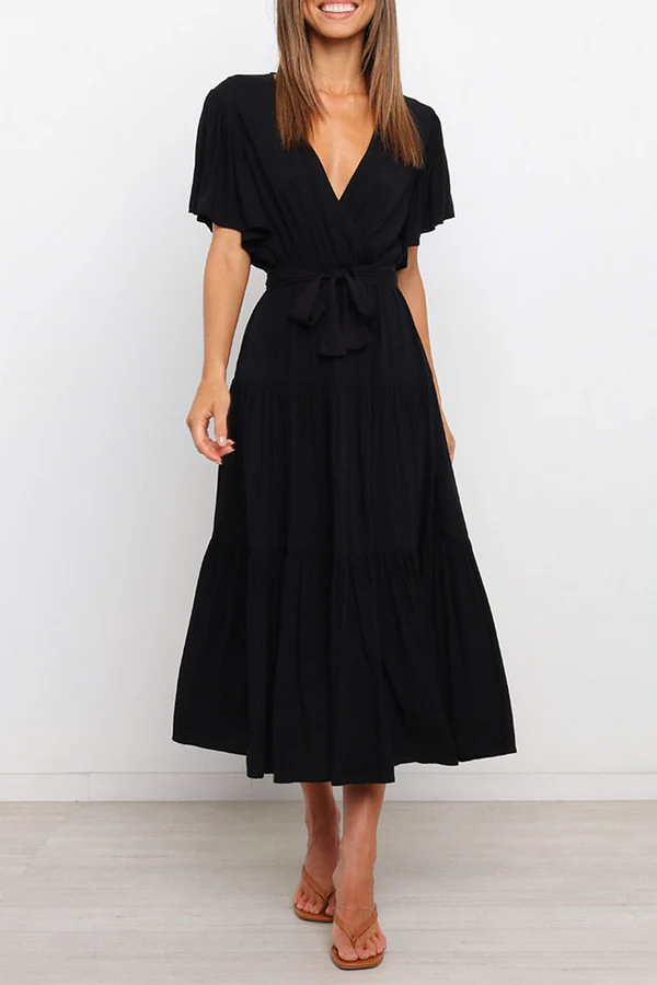 Dark Navy Chiffon A-Line Midi Dress with Wrap V-Neck Bodice & Tiered Skirt