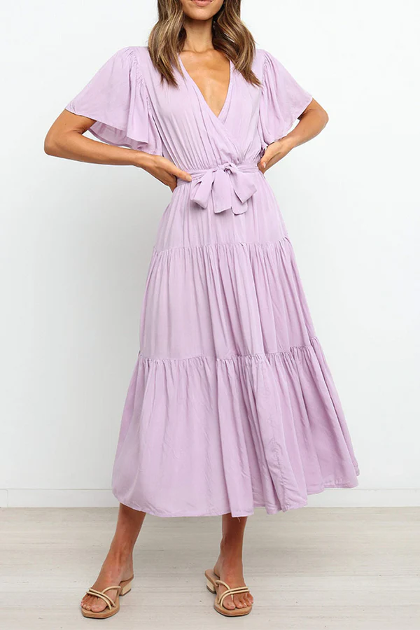 Dark Navy Chiffon A-Line Midi Dress with Wrap V-Neck Bodice & Tiered Skirt