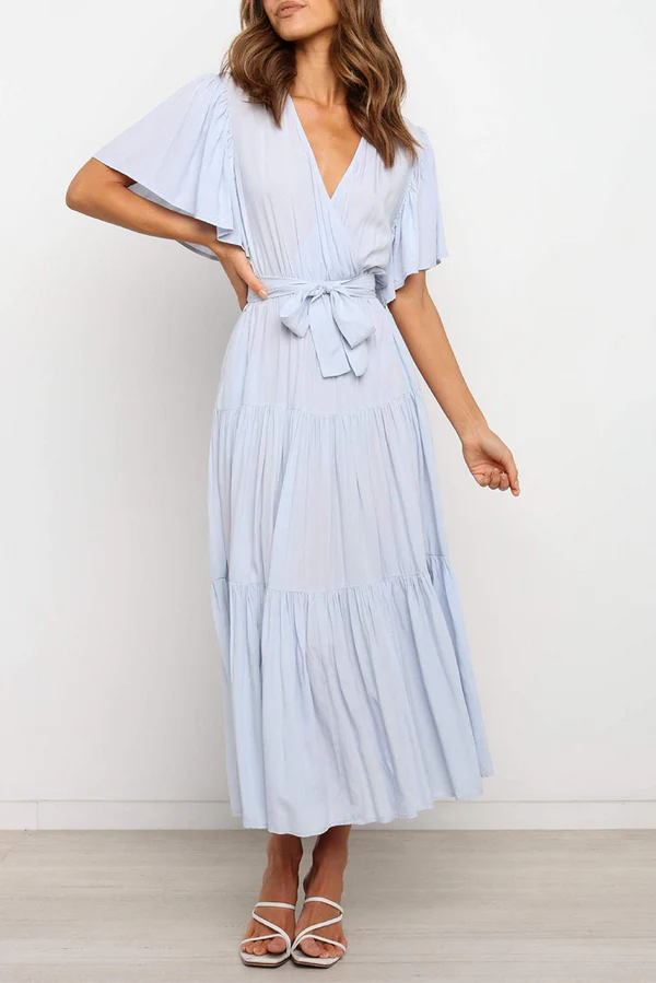 Dark Navy Chiffon A-Line Midi Dress with Wrap V-Neck Bodice & Tiered Skirt