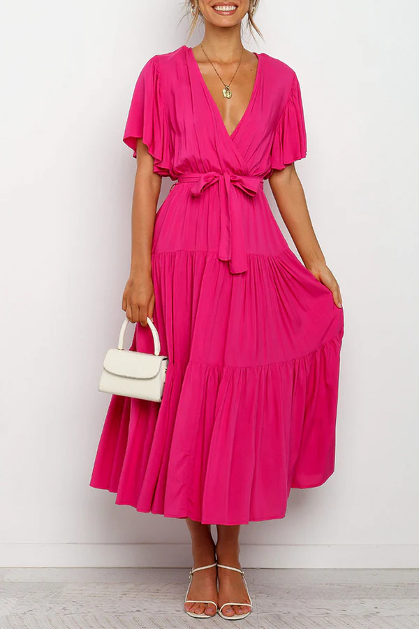 Dark Navy Chiffon A-Line Midi Dress with Wrap V-Neck Bodice & Tiered Skirt