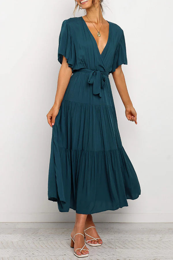 Dark Navy Chiffon A-Line Midi Dress with Wrap V-Neck Bodice & Tiered Skirt