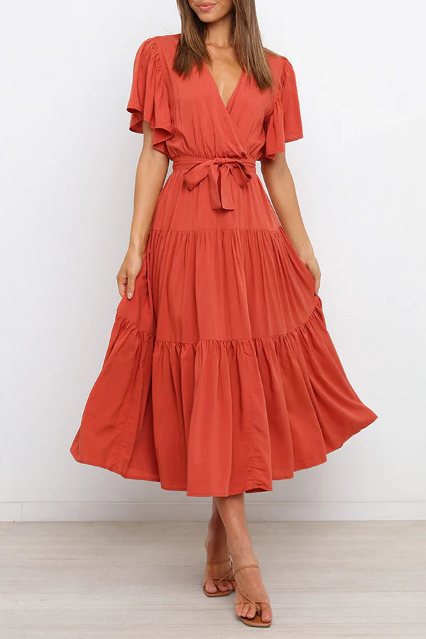 Leisure solid color patchwork V-neck cake dress evening dress