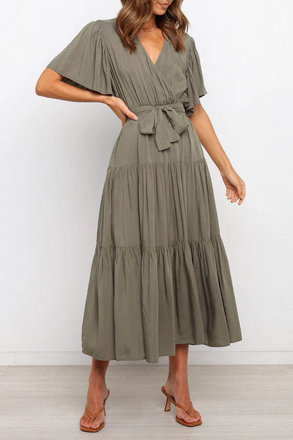 Dark Navy Chiffon A-Line Midi Dress with Wrap V-Neck Bodice & Tiered Skirt