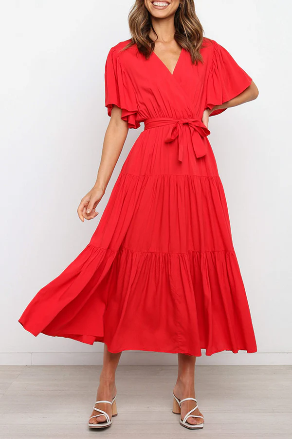 Dark Navy Chiffon A-Line Midi Dress with Wrap V-Neck Bodice & Tiered Skirt