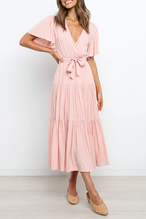 Dark Navy Chiffon A-Line Midi Dress with Wrap V-Neck Bodice & Tiered Skirt