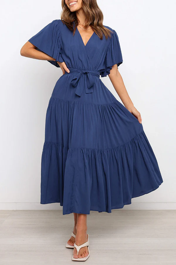 Dark Navy Chiffon A-Line Midi Dress with Wrap V-Neck Bodice & Tiered Skirt