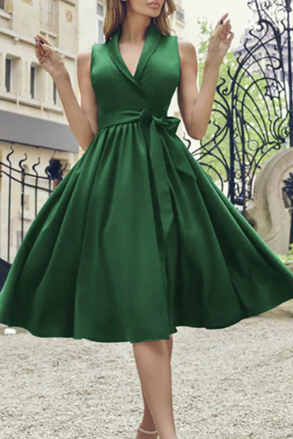 Vestido de noche de corte A con escote en V y lazo en color sólido, moderno y sexy.