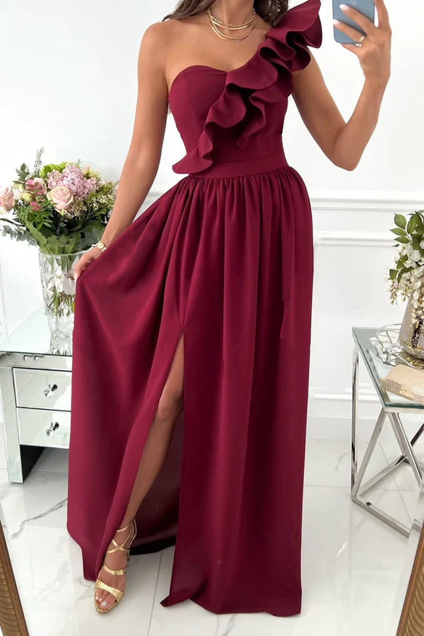 Champagne Chiffon One Shoulder A-Line Floor-Length Evening Dress