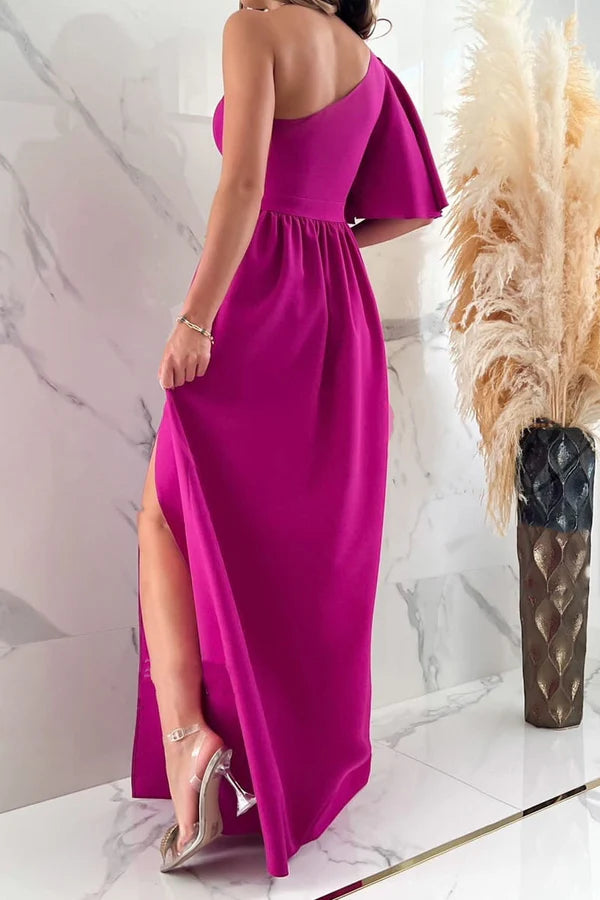 Vestido de noche sexy y elegante con abertura en el cuello diagonal y pierna recta con patchwork de color sólido