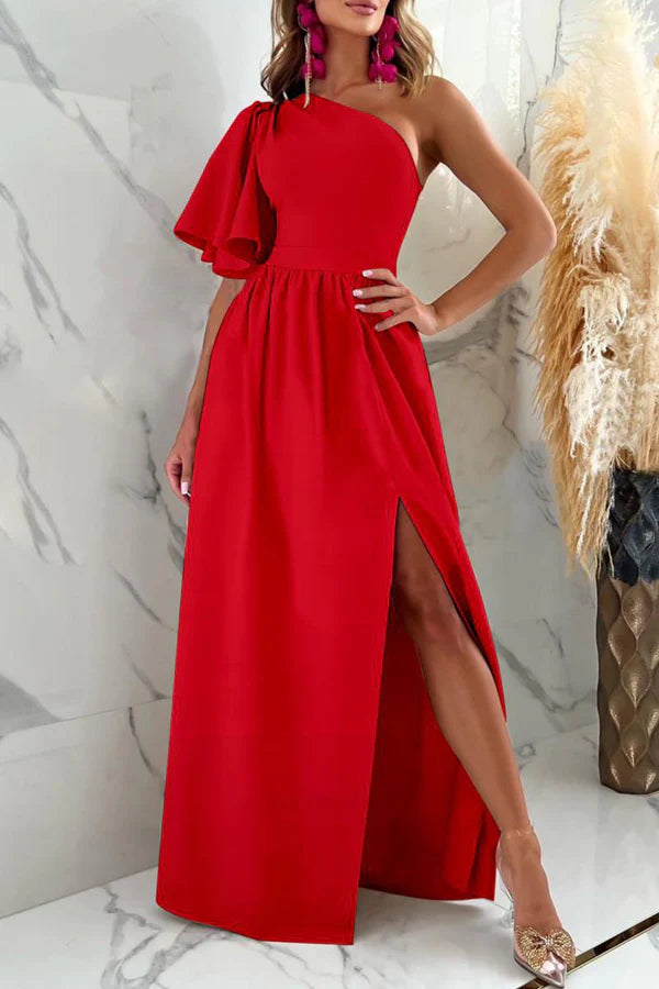 Sexy and elegant solid color patchwork slit with diagonal collar and straight leg evening dress