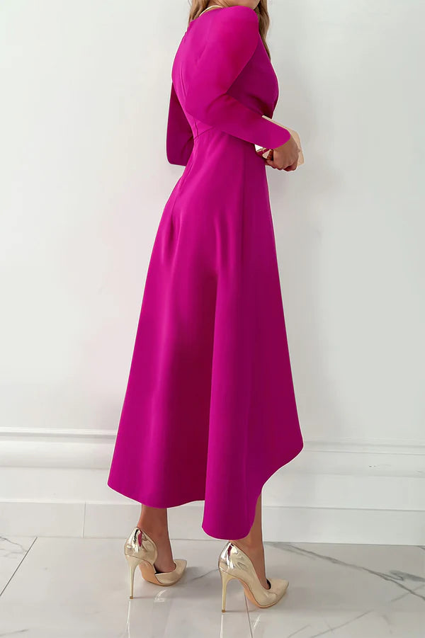 Fashionable solid color patchwork V-neck asymmetrical evening dress