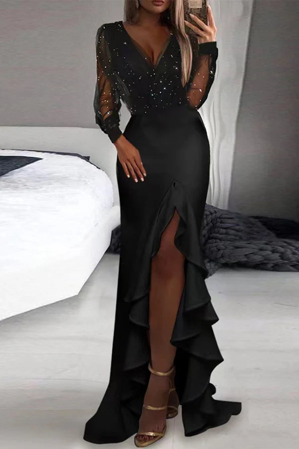 Black Satin V-Neck Sheath/column Gown with Glitter Sleeves & High Slit