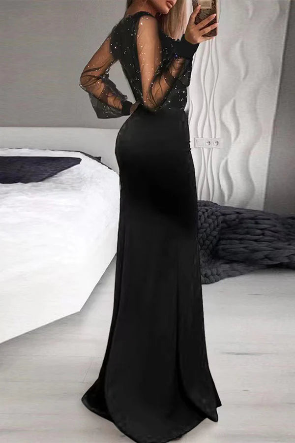 Black Satin V-Neck Sheath/column Gown with Glitter Sleeves & High Slit