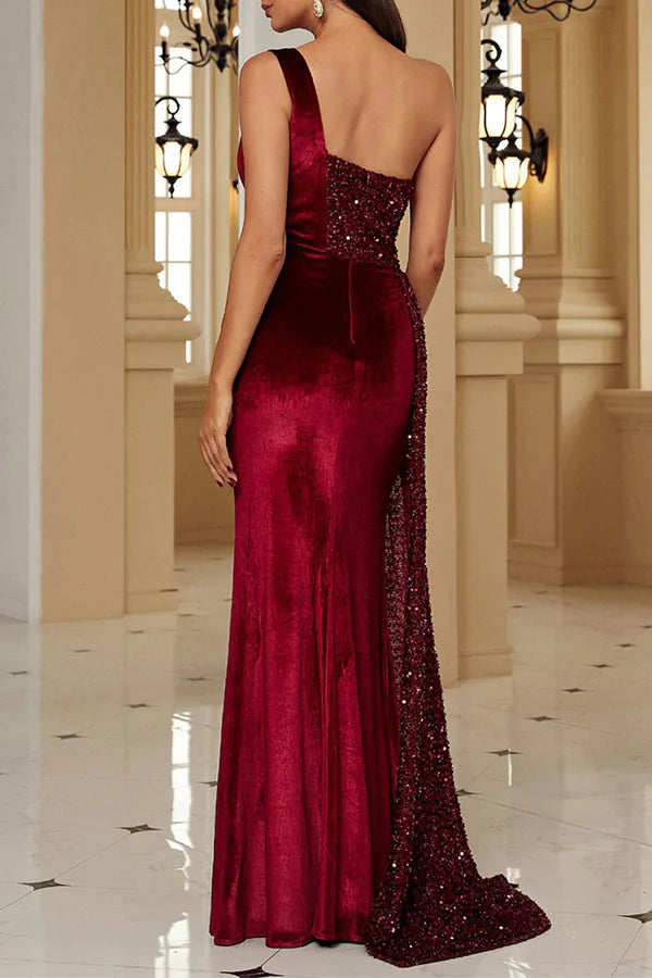 Elegante vestido de noche de corte A con cuello colgante y lentejuelas de color sólido