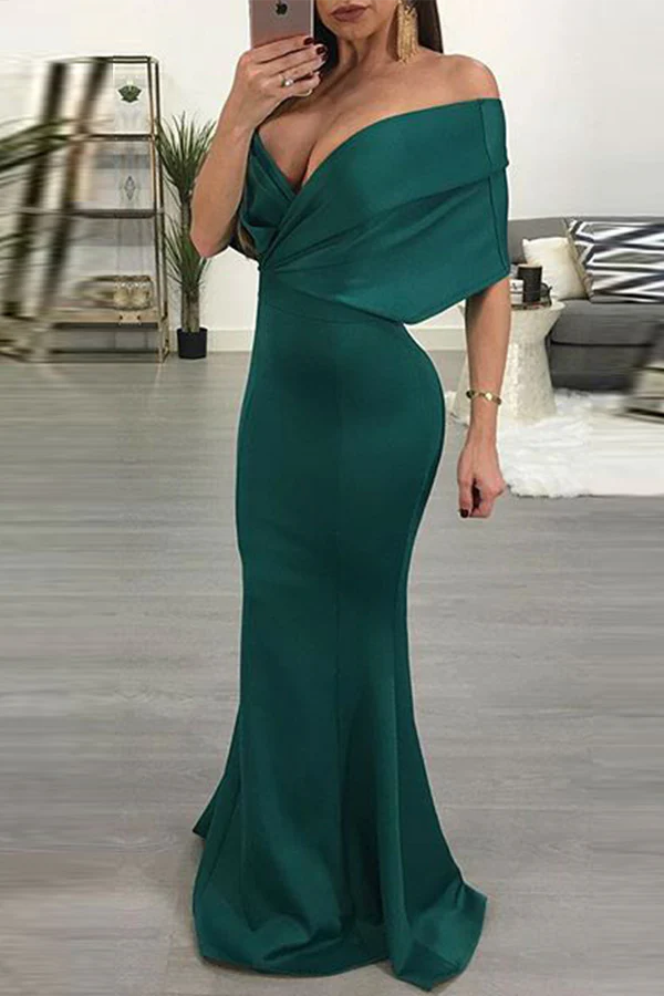 Leisure solid color patchwork off shoulder speaker fishtail evening dress