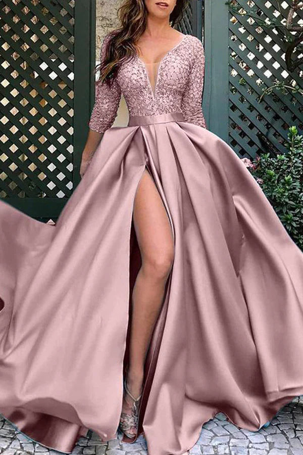Black Satin A-Line Plunging V-Neck Floor-Length Evening Dress with Sequin Bodice & High Slit