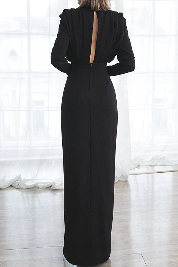 Black Crepe High Neck Sheath Floor-Length Evening Dress