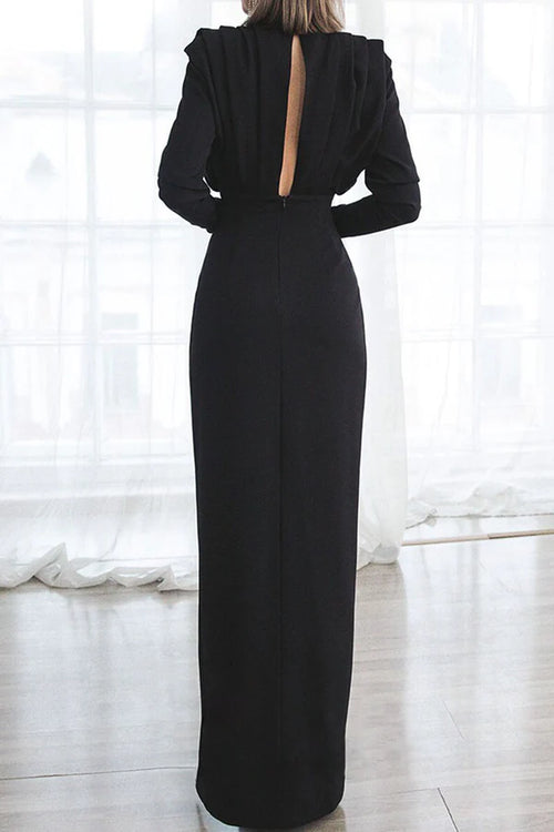 Black Crepe High Neck Sheath Floor-Length Evening Dress