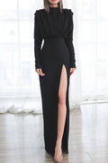 Black Crepe High Neck Sheath Floor-Length Evening Dress