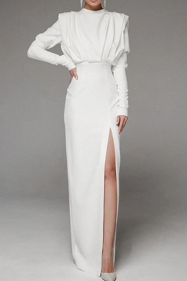 Elegant solid color patchwork with exposed back slit foldable O-neck straight leg evening dress