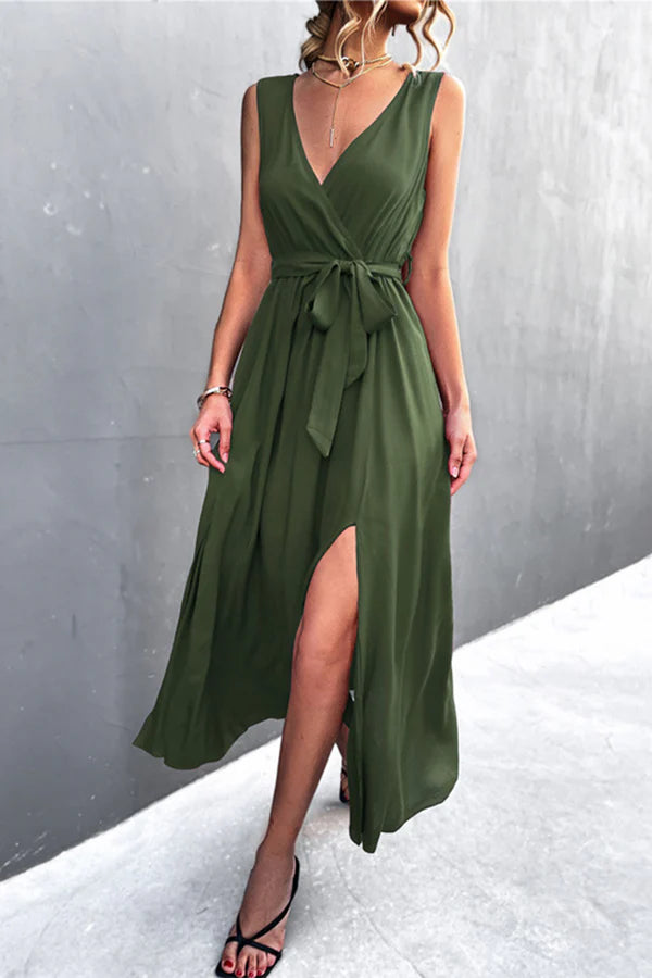 Burgundy Chiffon A-Line V-Neck Ankle-Length Dress with High Slit
