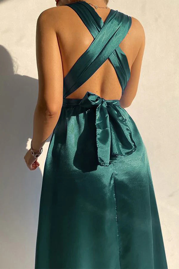 Sexy and elegant solid color tie up solid color V-neck evening dress