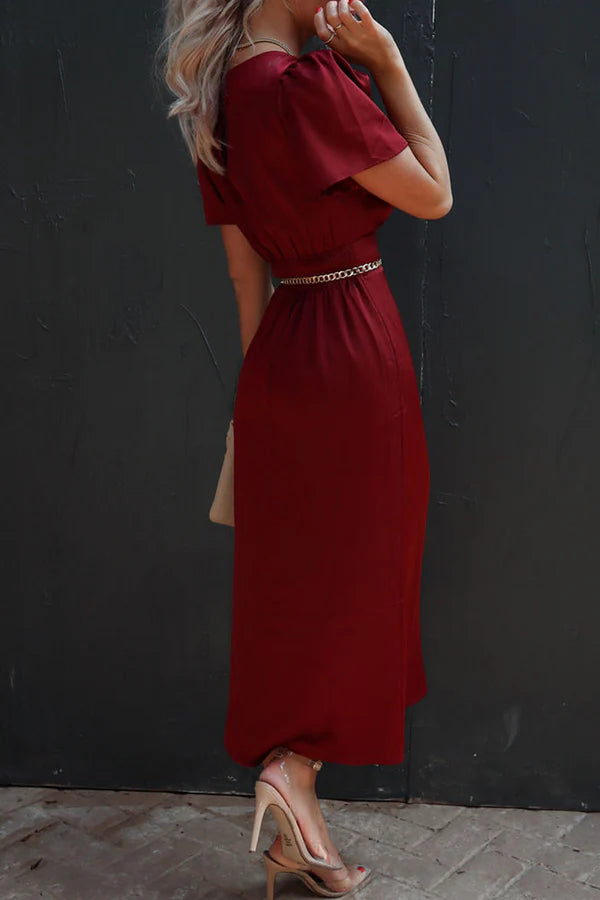 Elegant solid color slit folding O-neck A-line evening dress