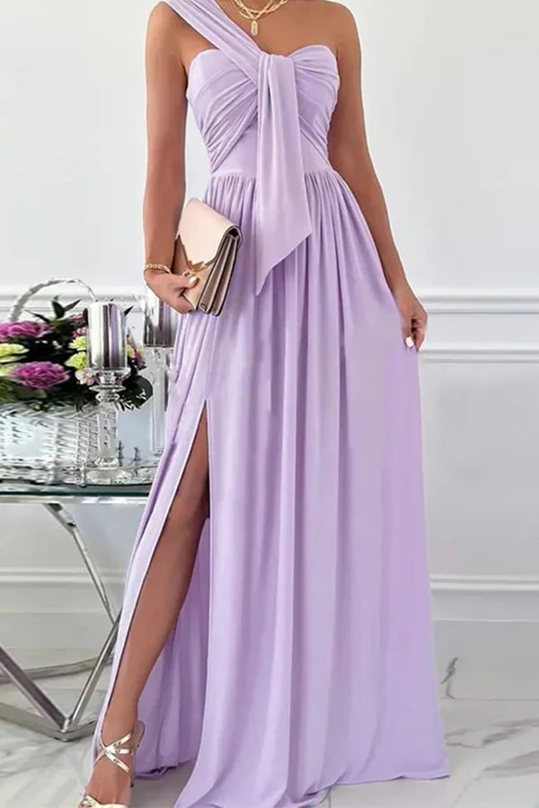 Vestido de noche elegante, formal, asimétrico, de un solo hombro, irregular, de color sólido