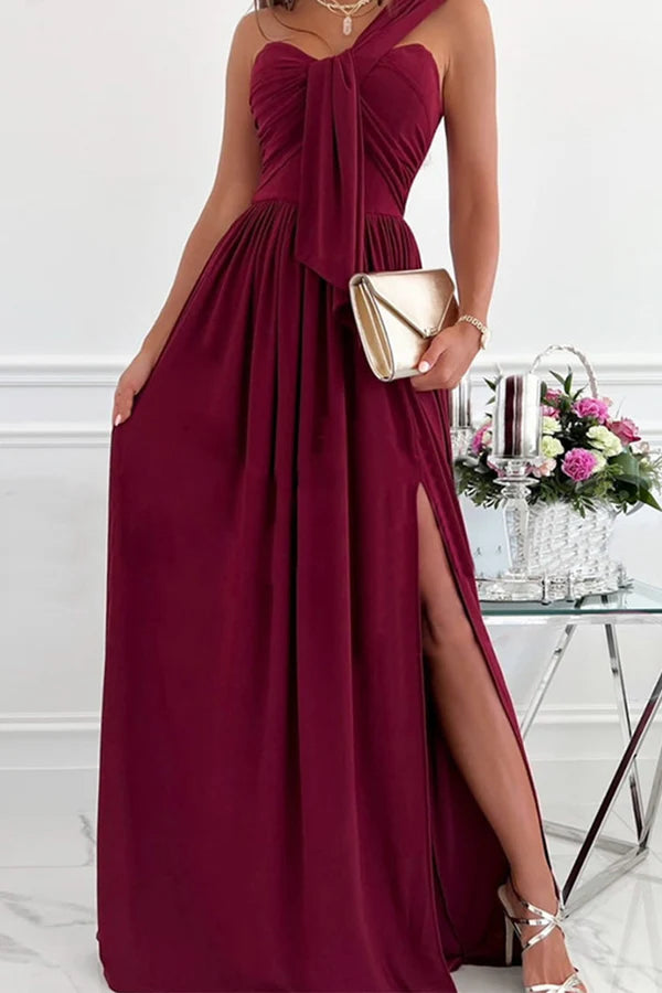 Vestido de noche elegante, formal, asimétrico, de un solo hombro, irregular, de color sólido