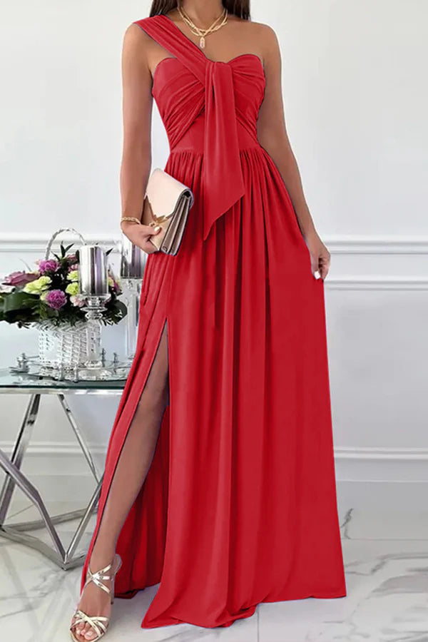 Vestido de noche elegante, formal, asimétrico, de un solo hombro, irregular, de color sólido