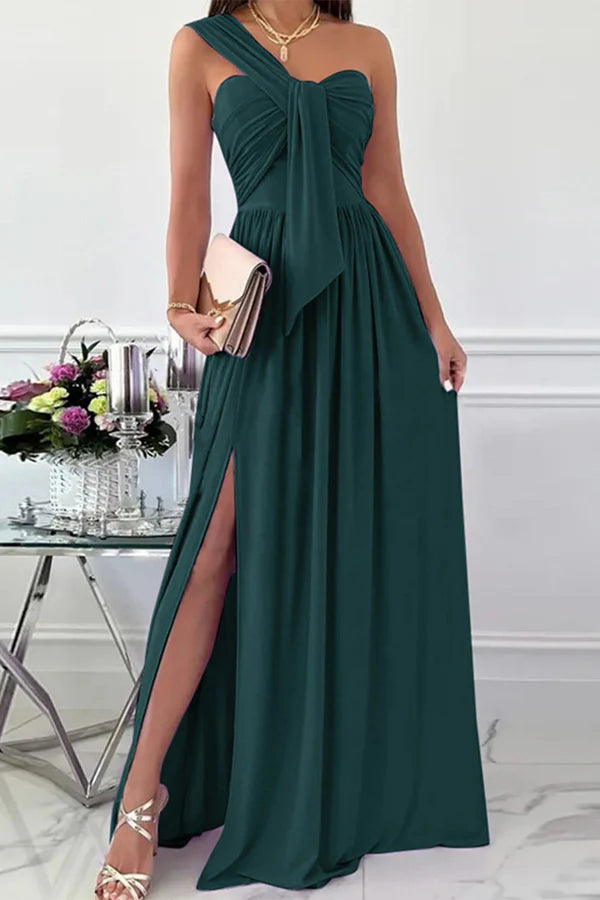 Vestido de noche elegante, formal, asimétrico, de un solo hombro, irregular, de color sólido