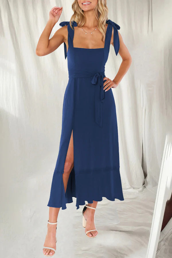Elegant and minimalist solid color slit solid color square collar A-line evening dress