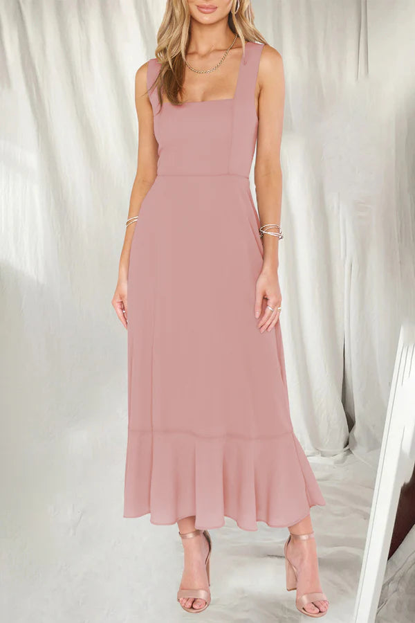 Elegant and minimalist solid color slit solid color square collar A-line evening dress