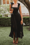 Black Crepe A-Line Midi Wrap Evening Dress with Square Neck and Ruffled Hem