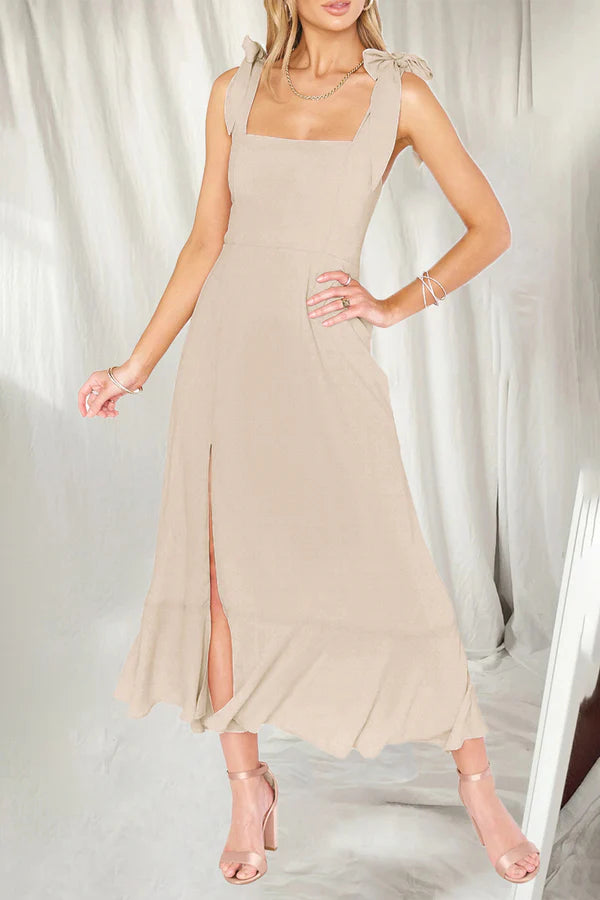 Elegant and minimalist solid color slit solid color square collar A-line evening dress
