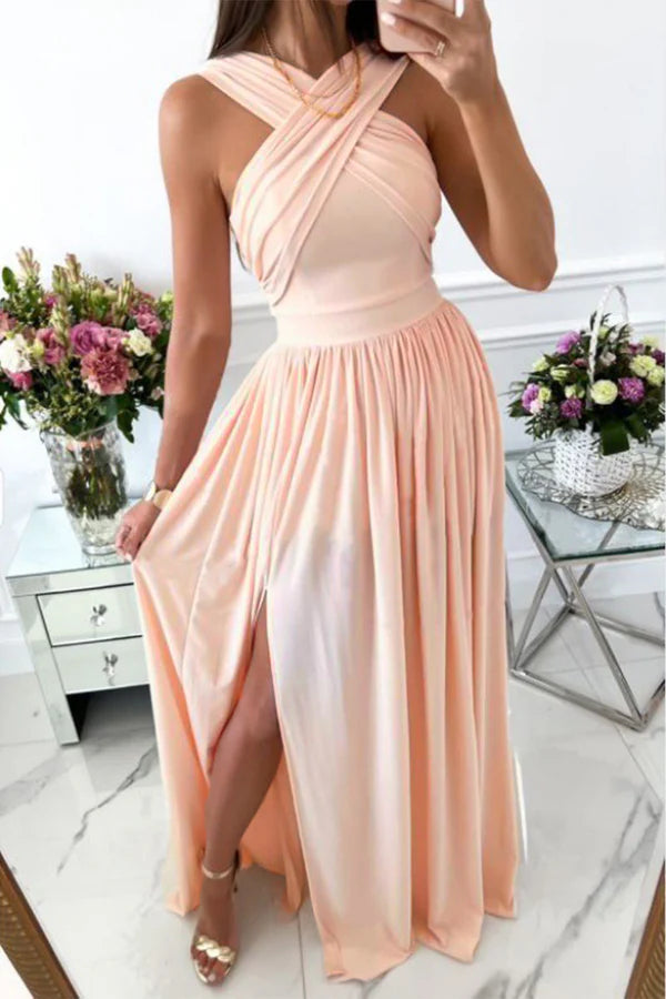Sweet and elegant solid color backless slit scarf collar A-line evening dress