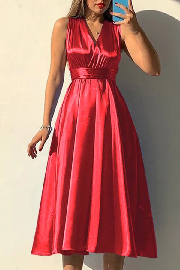 Vestido de noche sexy y elegante de color sólido con cuello en V y lazo.