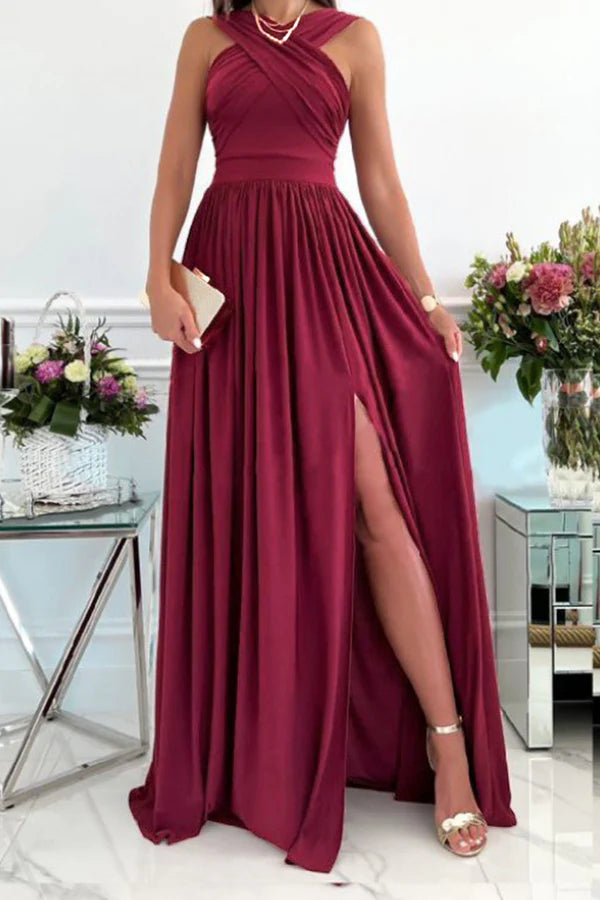 Sweet and elegant solid color backless slit scarf collar A-line evening dress