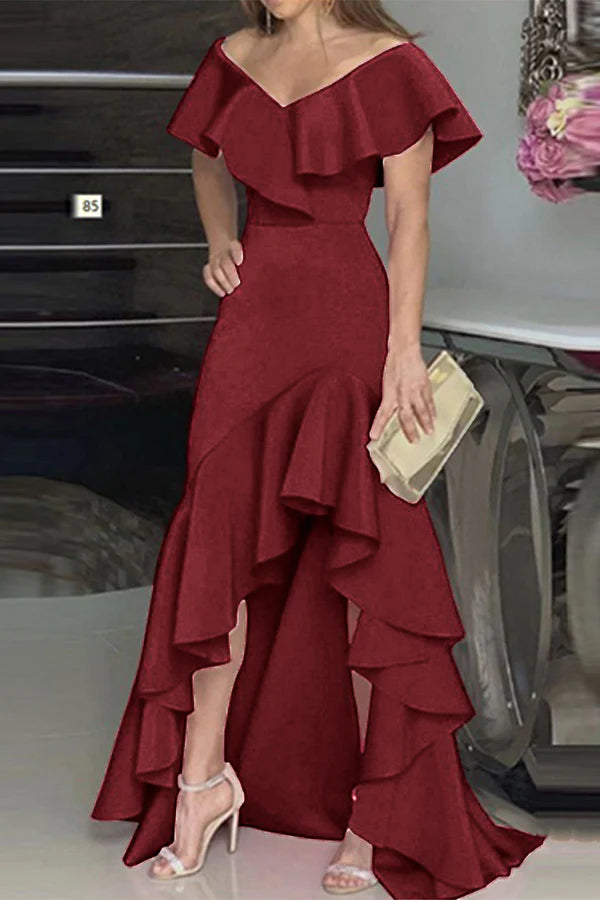 Elegant solid color ruffled V-neck irregular evening dress