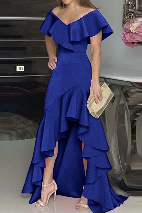 Black Crepe Off-the-Shoulder Trumpet High-Low Dress with Ruffled Hem