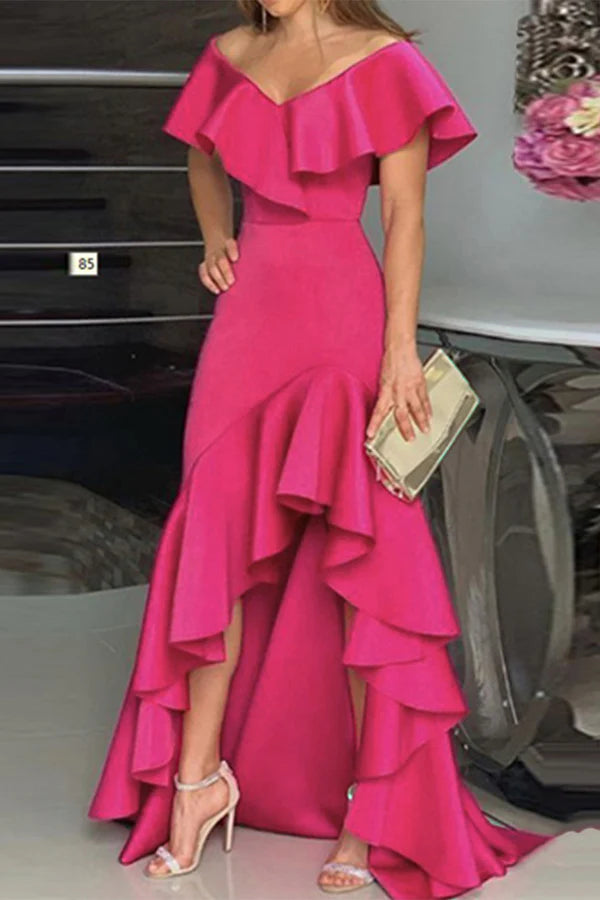 Elegant solid color ruffled V-neck irregular evening dress