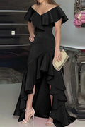 Black Crepe Off-the-Shoulder Trumpet High-Low Dress with Ruffled Hem