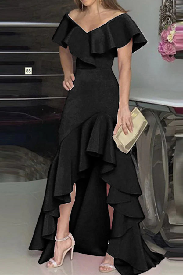 Black Crepe Off-the-Shoulder Trumpet High-Low Dress with Ruffled Hem