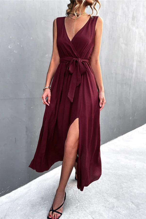 Burgundy Chiffon A-Line V-Neck Ankle-Length Dress with High Slit