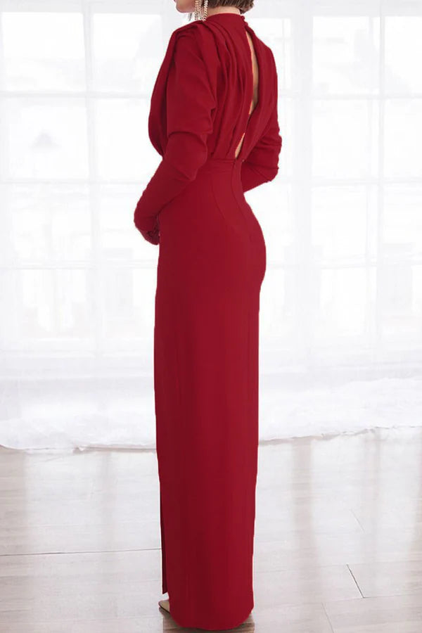 Elegant solid color patchwork with exposed back slit foldable O-neck straight leg evening dress