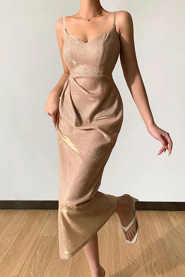 Vestido de noche sexy y elegante con lentejuelas de color sólido y escote en V con tirantes.