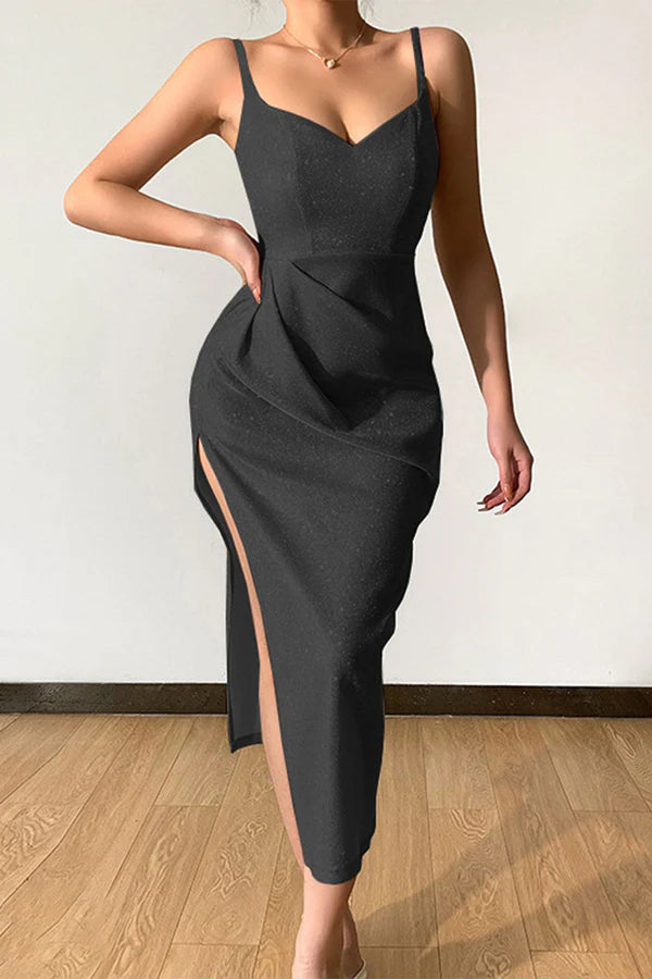 Vestido de noche sexy y elegante con lentejuelas de color sólido y escote en V con tirantes.